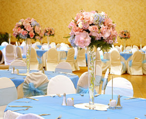 Baby blue and pastel pink flowers and decor for baby event